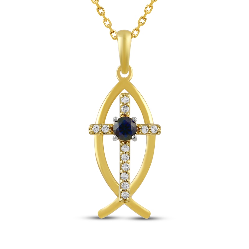 Main Image 1 of Blue & White Lab-Created Sapphire Ichthus Cross Necklace 10K Yellow Gold 18&quot;