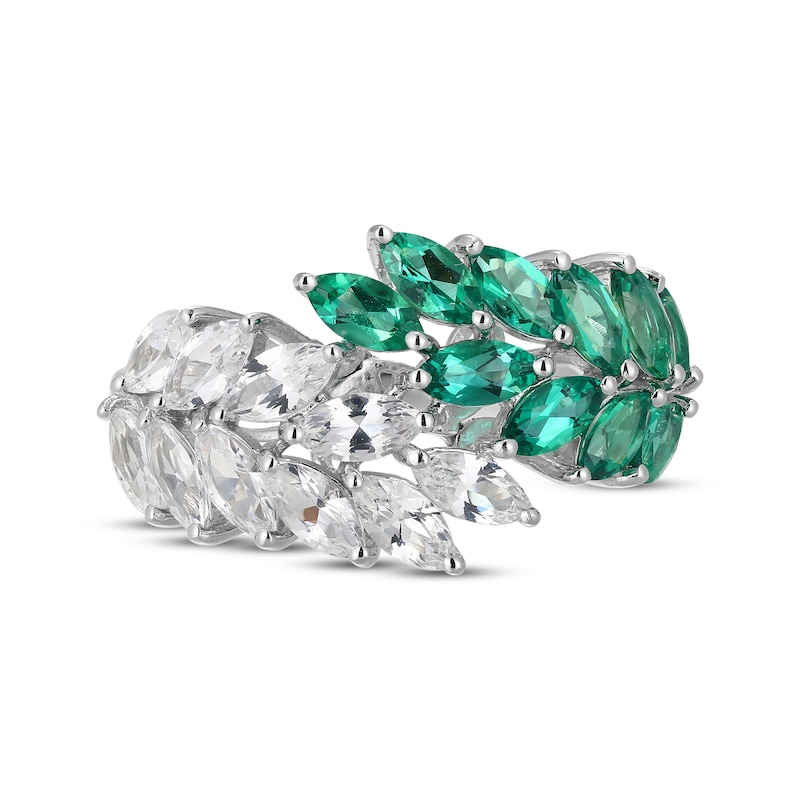 Main Image 3 of Marquise-Cut Lab-Created Emerald & White Lab-Created Sapphire Leaf Cluster Ring Sterling Silver