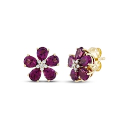 Pear-Shaped Rhodolite Garnet & Diamond Flower Stud Earrings 1/20 ct tw 10K Yellow Gold