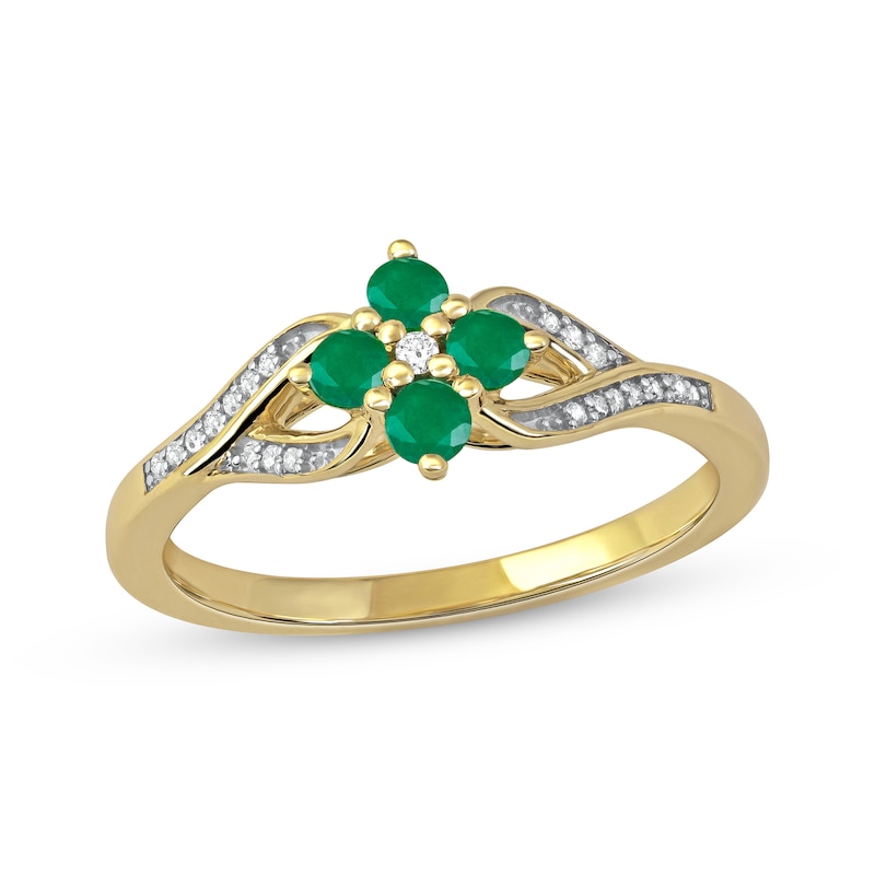 Main Image 1 of Emerald & Diamond Flower Ring 1/20 ct tw 10K Yellow Gold