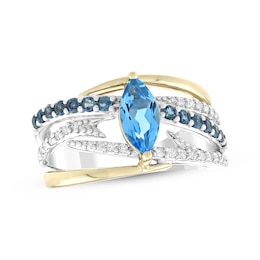 Marquise-Cut Swiss Blue Topaz, London Blue Topaz & Diamond Crossover Ring 1/5 ct tw Sterling Silver & 10K Yellow Gold