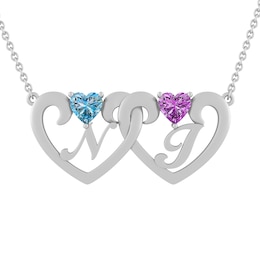 Birthstone Couple's Initial Necklace (2 Stones and Initials)