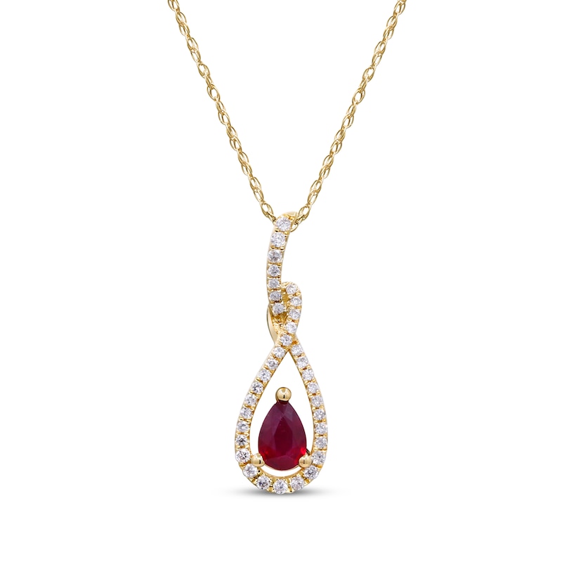 Main Image 1 of Pear-Shaped Natural Ruby & Diamond Teardrop Frame Necklace 1/6 ct tw 10K Yellow Gold 18&quot;