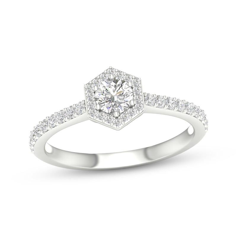 Round-Cut Diamond Hexagon Halo Engagement Ring 1/2 ct tw 14K White Gold