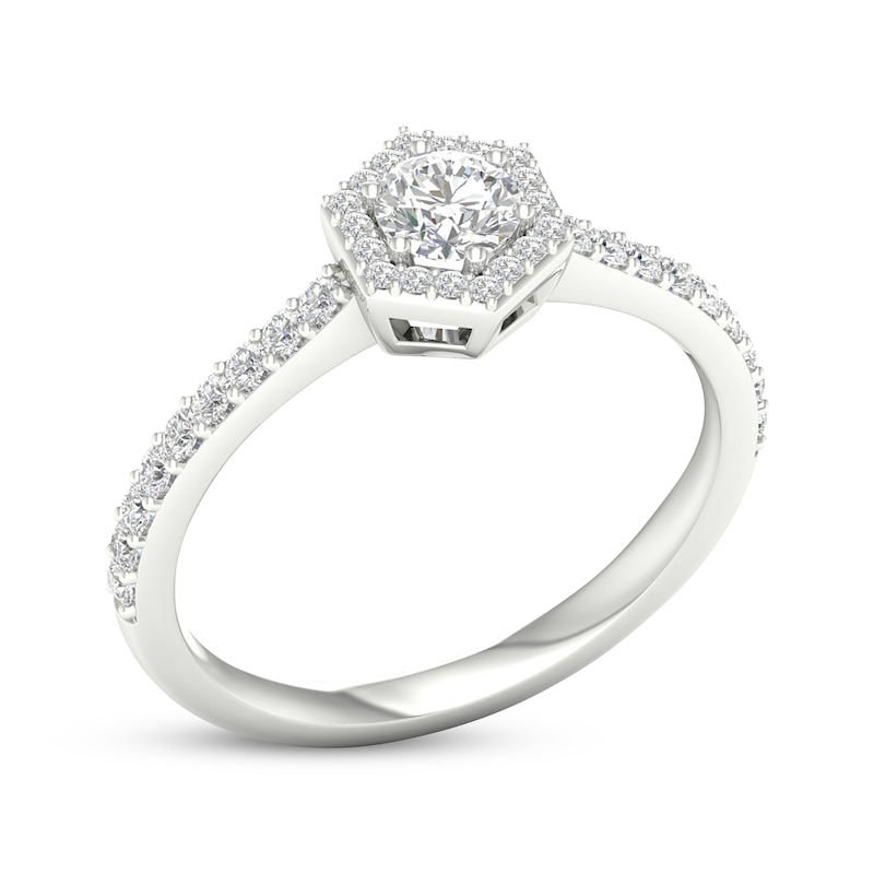 Round-Cut Diamond Hexagon Halo Engagement Ring 1/2 ct tw 14K White Gold