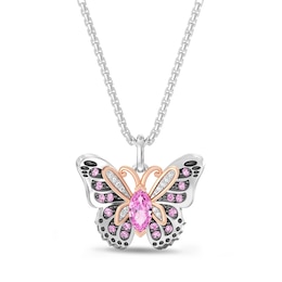 Wicked Pink Lab-Created Sapphire & Diamond Accent Butterfly Necklace Sterling Silver & 10K Rose Gold 18&quot;