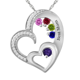 1/15 ct tw Diamond and Birthstone Family & Mother's Heart Pendant (2-5 Stones and 1 Line)