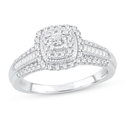 Now + Forever Diamond Engagement Ring 1/2 ct tw Round & Baguette 10K White Gold