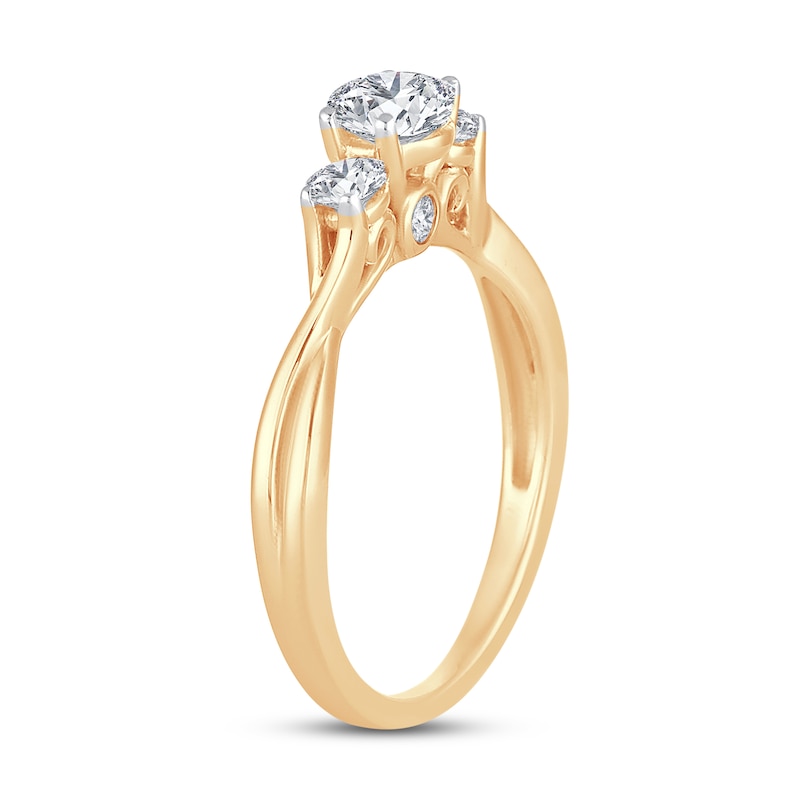 Main Image 2 of Memories Moments Magic 3-Stone Diamond Engagement Ring 3/4 ct tw Round-cut 14K Yellow Gold