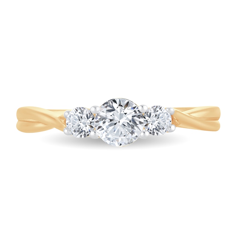 Main Image 3 of Memories Moments Magic 3-Stone Diamond Engagement Ring 3/4 ct tw Round-cut 14K Yellow Gold