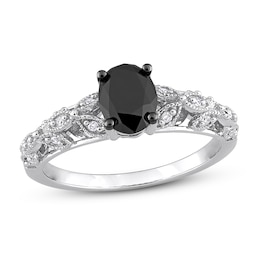 Black & White Diamond Engagement Ring 1 ct tw Oval & Round  14K White Gold