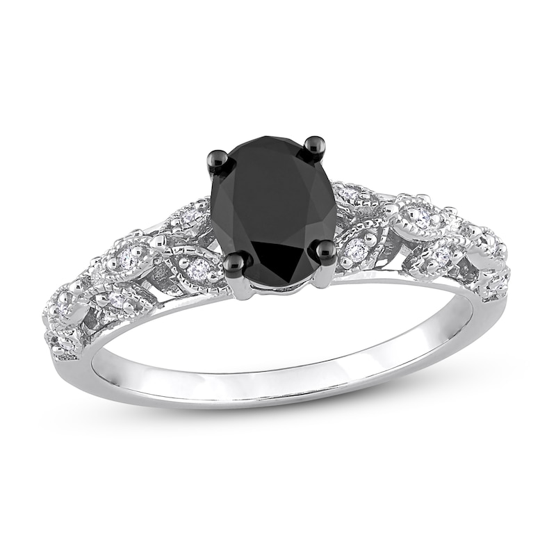 Main Image 1 of Black & White Diamond Engagement Ring 1 ct tw Oval & Round  14K White Gold