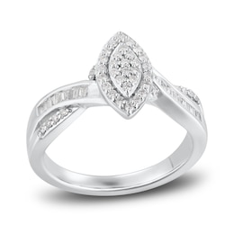 Now + Forever Diamond Engagement Ring 1/3 ct tw Round & Baguette 10K White Gold