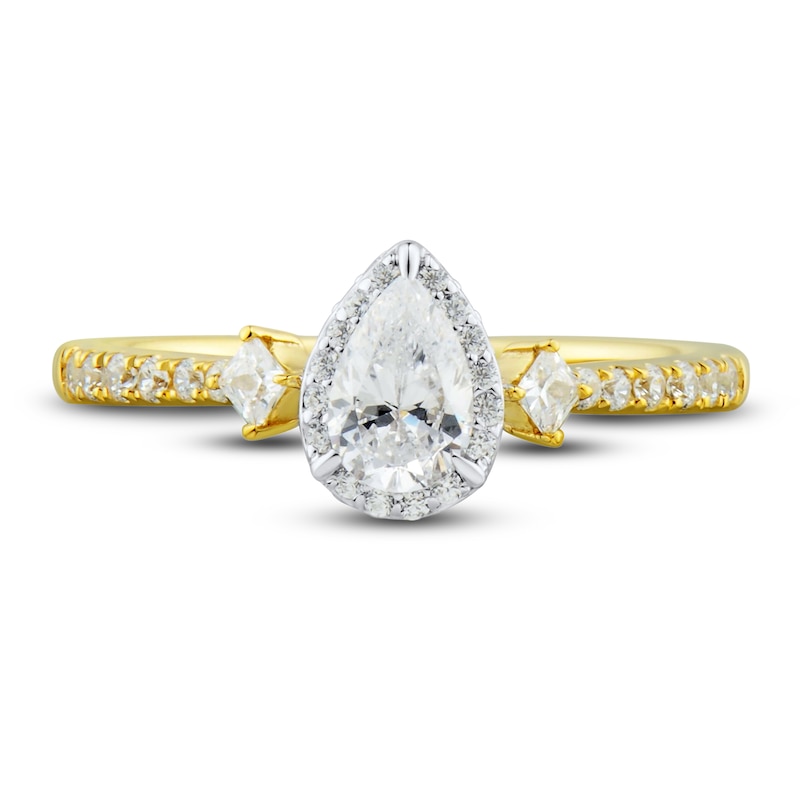 Main Image 3 of Memories Moments Magic Three-Stone Diamond Engagement Ring 3/4 ct tw Pear/Princess/Round-Cut 14K Yellow Gold