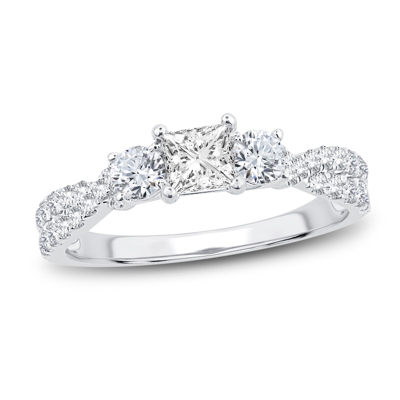 Main Image 1 of Memories Moments Magic Three-Stone Diamond Engagement Ring 1 ct tw Princess/Round-Cut 14K White Gold