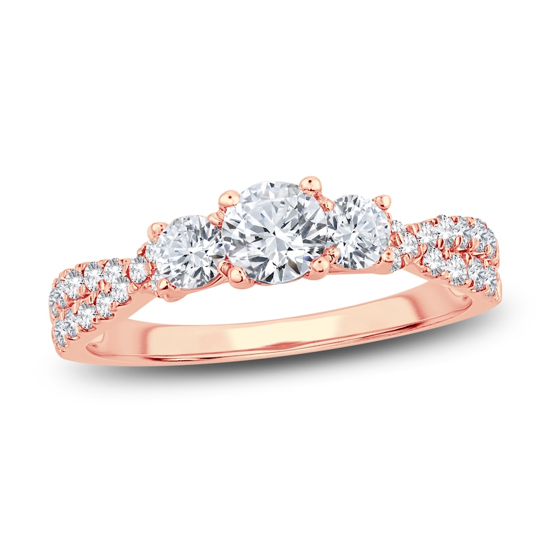 Main Image 1 of Memories Moments Magic Three-Stone Diamond Engagement Ring 1 ct tw Round-Cut 14K Rose Gold