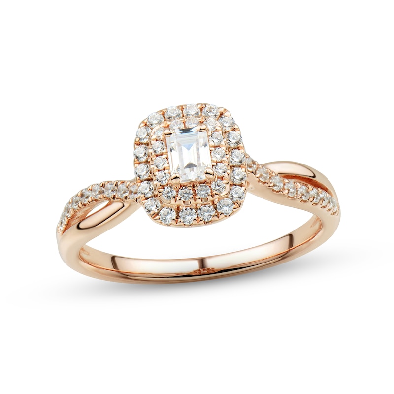 Main Image 1 of Diamond Engagement Ring 1/2 ct tw Emerald & Round-cut 14K Rose Gold