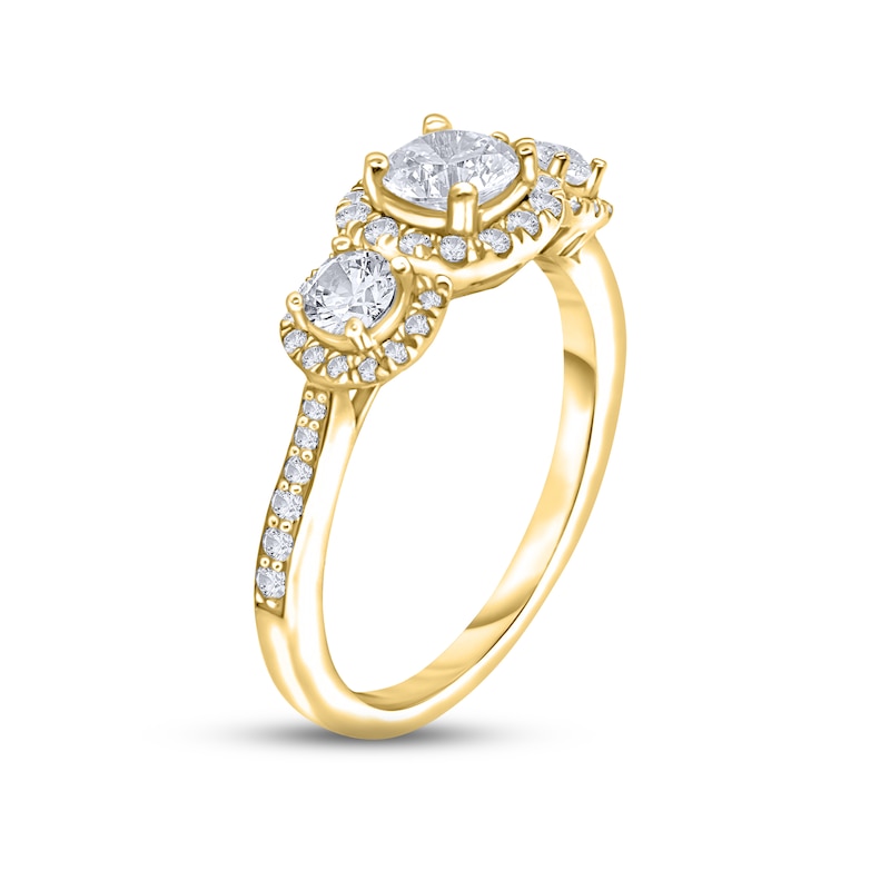 Main Image 2 of Diamond Three-Stone Engagement Ring 7/8 ct tw Round-cut 14K Yellow Gold