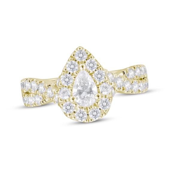 Diamond Halo Engagement Ring 1-1/2 ct tw Pear & Round-cut 18K Yellow Gold