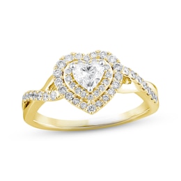 Diamond Halo Engagement Ring 5/8 ct tw Heart & Round-cut 14K Yellow Gold