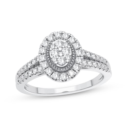 Multi-Diamond Center Oval Halo Engagement Ring 1/3 ct tw Round-cut 10K White Gold