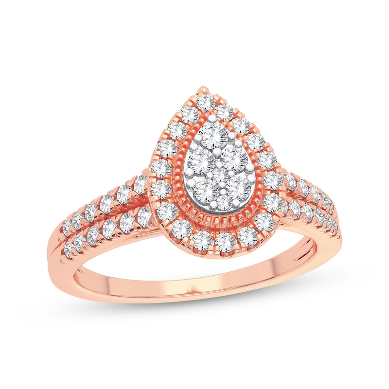 Multi-Diamond Center Pear Milgrain Engagement Ring 1/3 ct tw Round-cut 10K Rose Gold