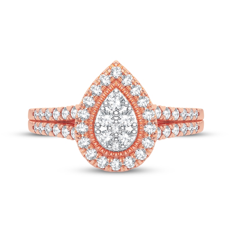 Multi-Diamond Center Pear Milgrain Engagement Ring 1/3 ct tw Round-cut 10K Rose Gold