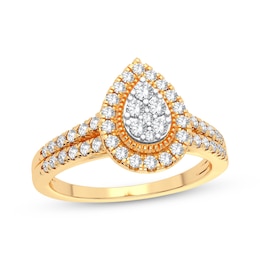 Multi-Diamond Center Pear Milgrain Engagement Ring 1/3 ct tw Round-cut 10K Yellow Gold