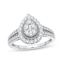 Now + Forever Multi-Diamond Center Pear Halo Engagement Ring 3/8 ct tw Round-cut 10K White Gold