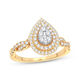 Multi-Diamond Center Pear Twist Engagement Ring 1/3 ct tw Round-cut 10K Yellow Gold