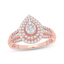 Multi-Diamond Center Pear Double Halo Engagement Ring 1/3 ct tw Round-cut 10K Rose Gold