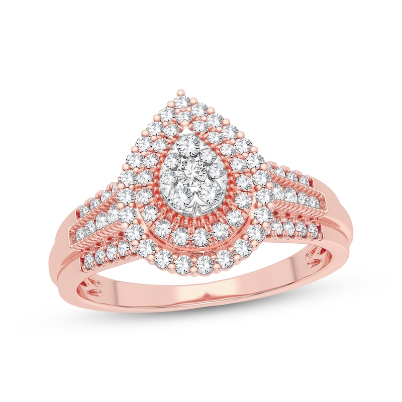 Main Image 1 of Now + Forever Multi-Diamond Center Pear Double Halo Engagement Ring 1/3 ct tw Round-cut 10K Rose Gold