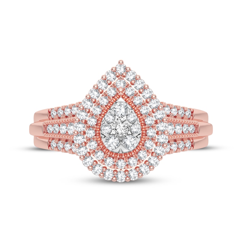 Main Image 3 of Multi-Diamond Center Pear Double Halo Engagement Ring 1/3 ct tw Round-cut 10K Rose Gold