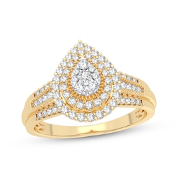 Multi-Diamond Center Pear Double Halo Engagement Ring 1/3 ct tw Round-cut 10K Yellow Gold