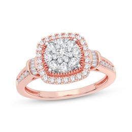 Now + Forever Multi-Diamond Center Cushion Engagement Ring 3/8 ct tw Round & Baguette-cut 10K Rose Gold