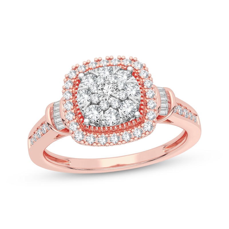 Main Image 1 of Multi-Diamond Center Cushion Engagement Ring 3/8 ct tw Round & Baguette-cut 10K Rose Gold