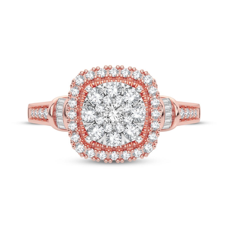 Main Image 3 of Multi-Diamond Center Cushion Engagement Ring 3/8 ct tw Round & Baguette-cut 10K Rose Gold