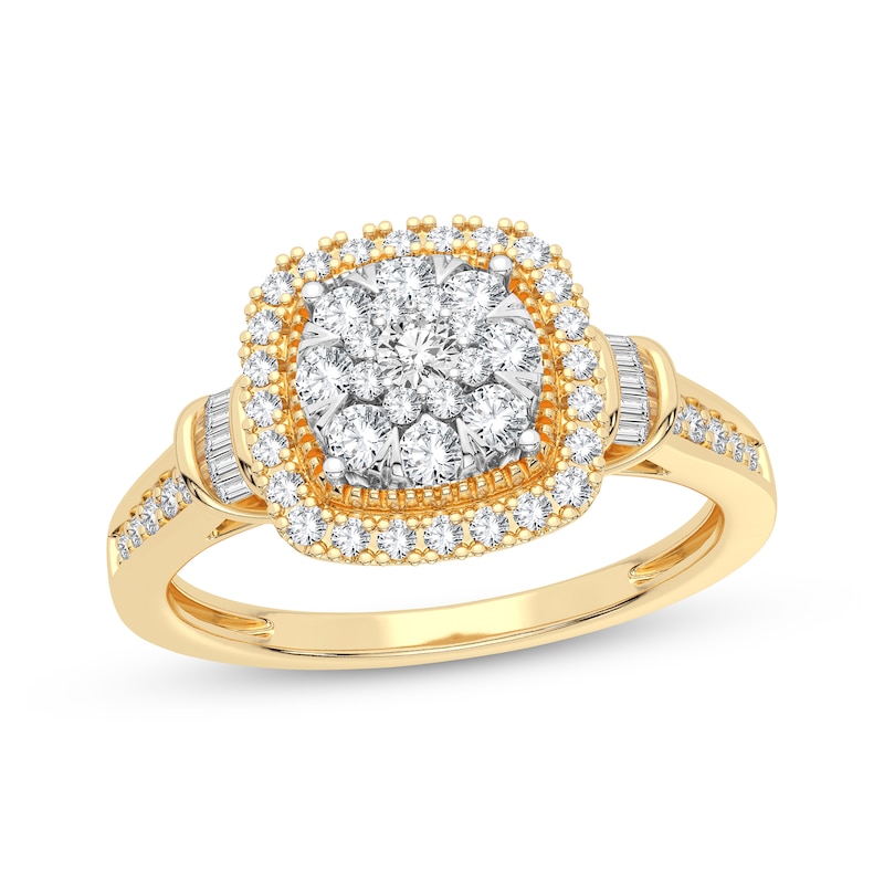 Multi-Diamond Center Cushion Engagement Ring 3/8 ct tw Round & Baguette ...