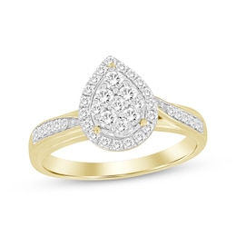 Now + Forever Multi-Diamond Center Stepped Pear Frame Engagement Ring 1/3 ct tw Round 10K Yellow Gold