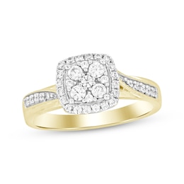 Multi-Diamond Center Cushion Frame Engagement Ring 1/3 ct tw Round 10K Yellow Gold