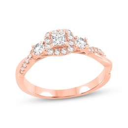 Now + Forever Princess & Round-Cut Diamond Three-Stone Engagement Ring 1/2 ct tw 14K Rose Gold