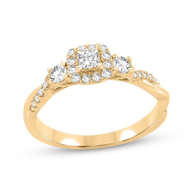 Main Image 1 of Princess & Round-Cut Diamond Three-Stone Engagement Ring 1/2 ct tw 14K Yellow Gold