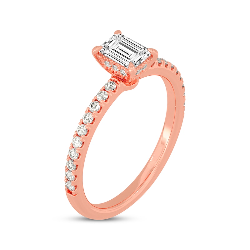 Main Image 2 of Emerald & Round-Cut Diamond Gallery-Set Engagement Ring 3/4 ct tw 14K Rose Gold