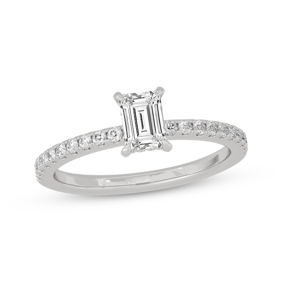 Emerald & Round-Cut Diamond Gallery-Set Engagement Ring 3/4 ct tw 14K White Gold