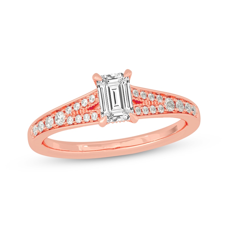 Main Image 1 of Emerald & Round-Cut Split-Shank Engagement Ring 3/4 ct tw 14K Rose Gold