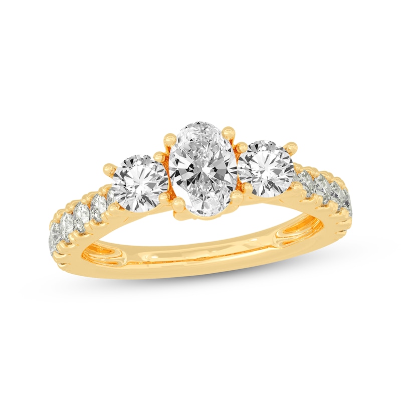 Main Image 1 of Memories Moments Magic Oval & Round-Cut Three-Stone Diamond Engagement Ring 2 ct tw 14K Yellow Gold