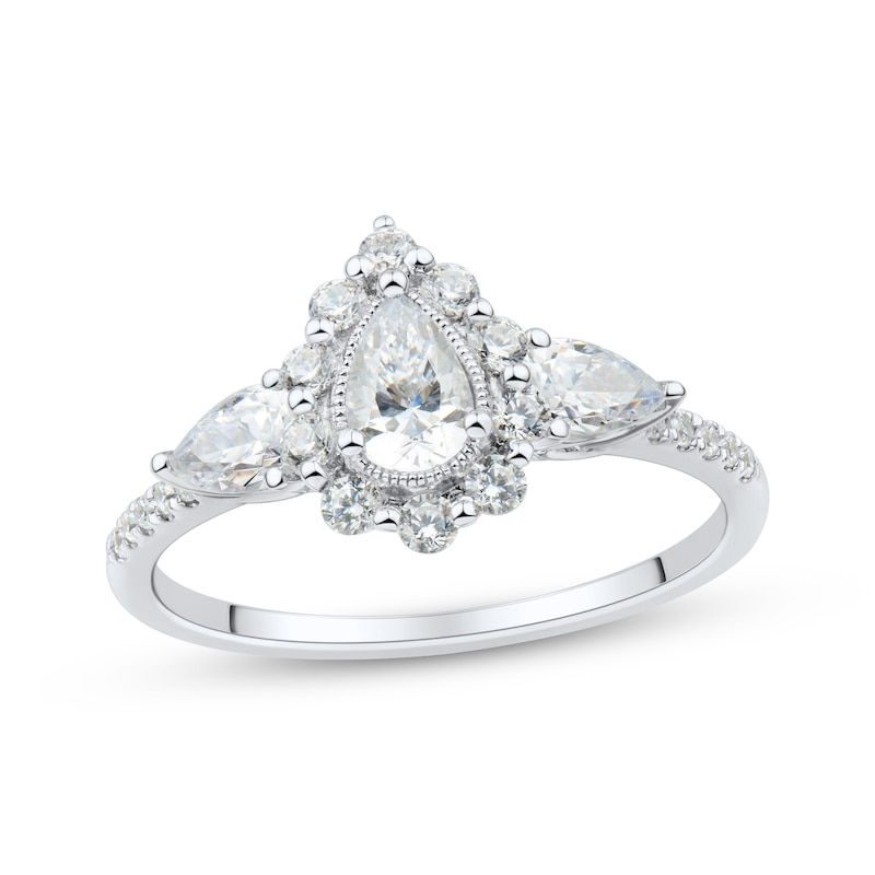 Main Image 1 of Memories Moments Magic Pear-Shaped & Round-Cut Diamond Three-Stone Engagement Ring 1 ct tw 14K White Gold