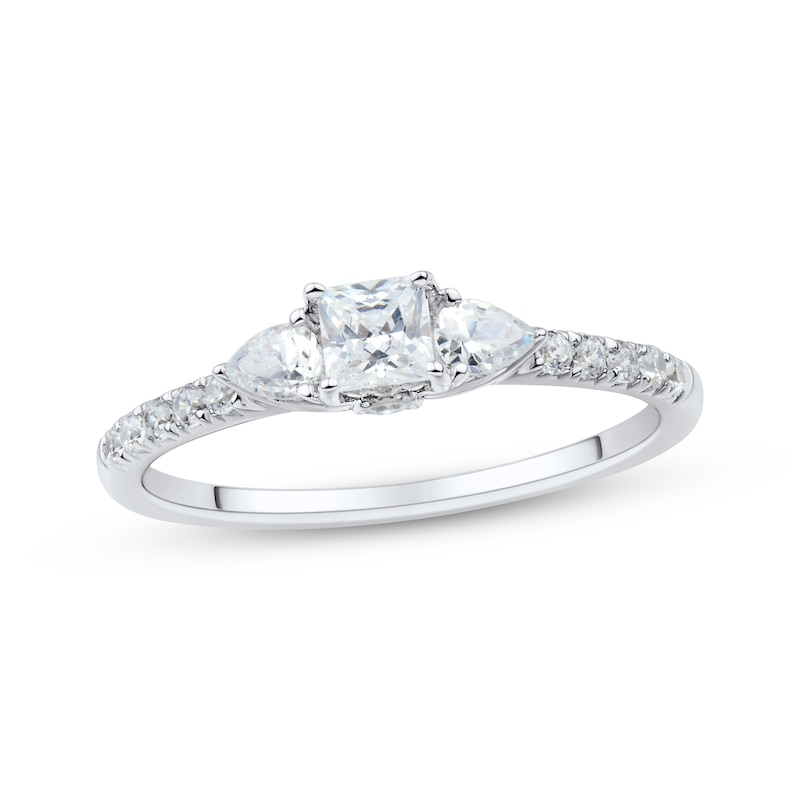 Main Image 1 of Memories Moments Magic Princess-Cut, Pear-Shaped & Round-Cut Diamond Three-Stone Engagement Ring 3/4 ct tw 14K White Gold