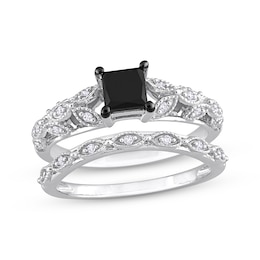 Vintage-Style Princess-Cut Black & Round-Cut White Diamond Bridal Set 7/8 ct tw 14K White Gold