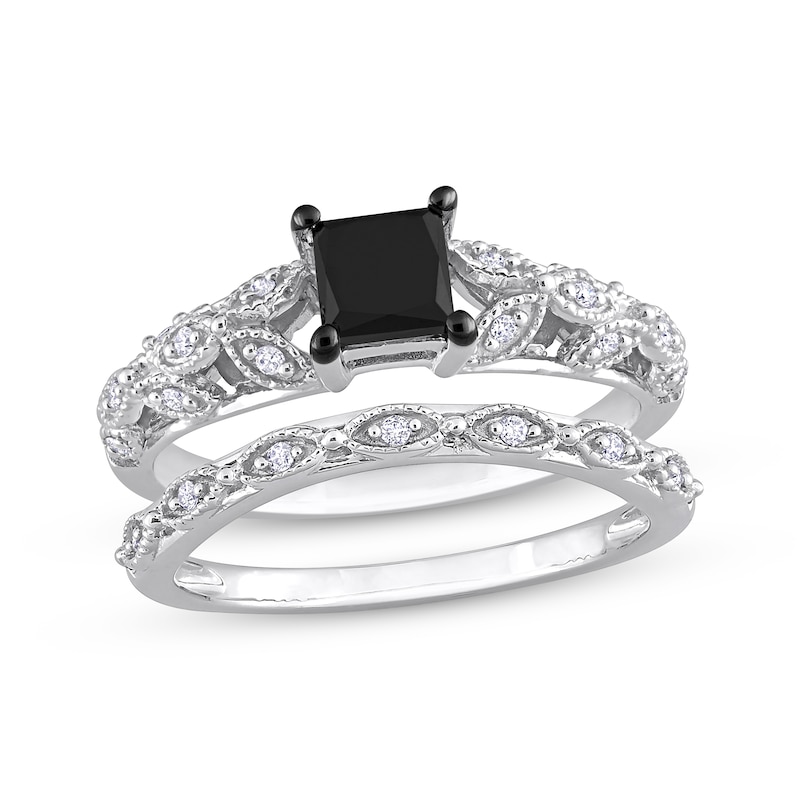 Main Image 1 of Vintage-Style Princess-Cut Black & Round-Cut White Diamond Bridal Set 7/8 ct tw 14K White Gold